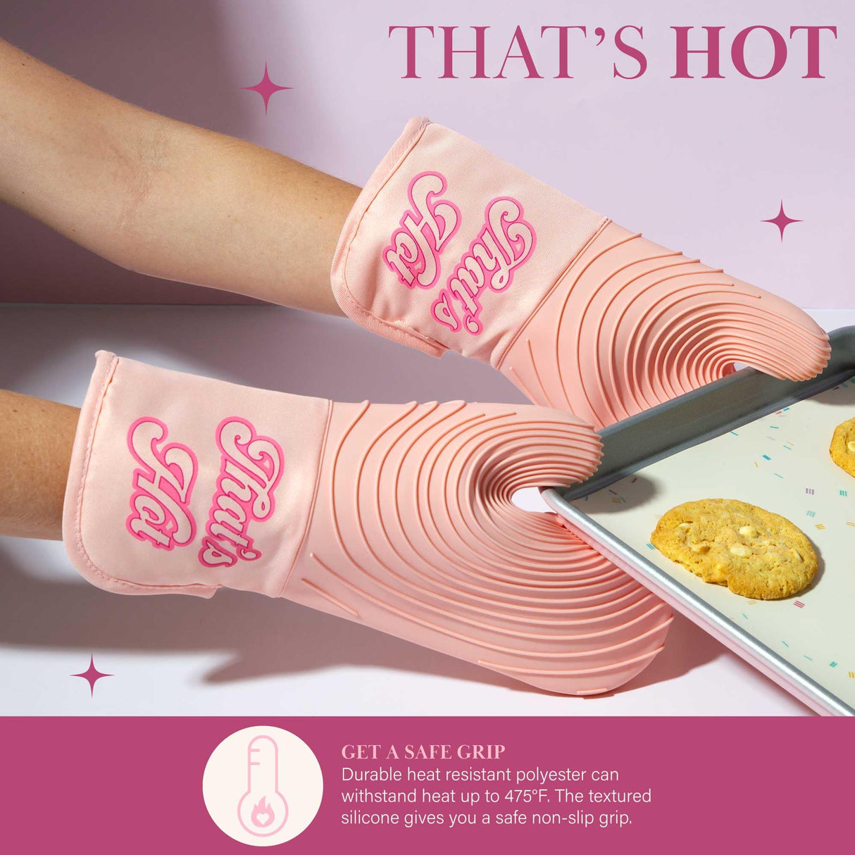 Paris Hilton Oven Mitt Set with Iconic That's HOT Design, Heat Resistant Pot Holders Featuring Non-Slip Textured Silicone Grips, 2-Piece Set, Pink Paris Hilton