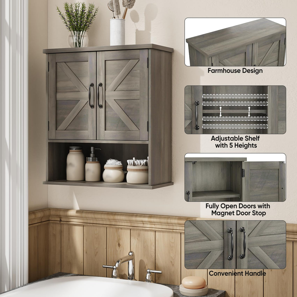 Mino Kesper Bathroom Wall Cabinet with Barn Doors, Wall Mounted Bathroom Storage Cabinet, Farmhouse Style, Adjustable Shelf, Wall Mounted, Grey Mino Kesper