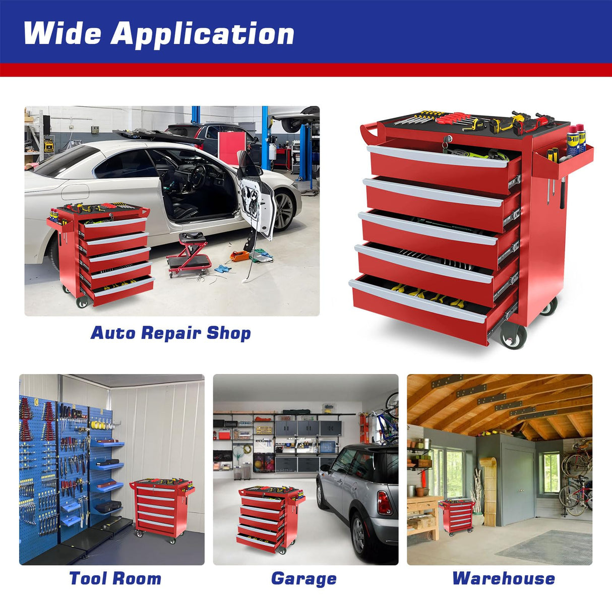 MHEOMTME Rolling Tool Chest with Drawers, Craftsman Tool Box Organizer, Toolbox Cabinet with Keyed Locking System, 5 Drawer Tool Storage Cart on Wheels for Garage, Workshop and Repair Room, Red MHEOMTME