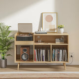 Record Player Stand with Charging Station & USB Ports, Mid-Century Turntable Stand Table Holds Up to 300 Albums, Vinyl Record Storage Cabinet with Wood Legs for Living Room Office (Wood) Oubayajia