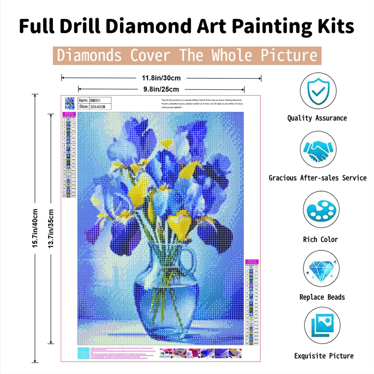 PINFFSHU Flowers Diamond Art Kits for Adults, Stunning Iris Bouquet in Glass Vase Diamond Painting Kits with Full Drill,5D Diamond Painting DIY Gem Art and Crafts for Home Wall Decor Gifts12x16 inch PINFFSHU