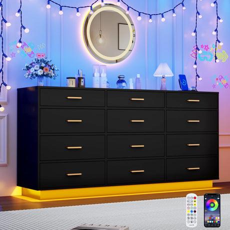 12 Drawers Dresser W/Power Outlets for Bedroom, 63inch Drawer Dressers W/6000 Colors Lights, Wood Tall Dresser Storage Organizer,Black Chest of Drawers for Closet, Hallway, Entryway, Living Room jiteentarou