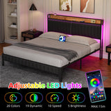 IDEALHOUSE King Bed Frame with Charging Station, LED Bed Frame with Storage Headboard, Upholstered Platform Bed Frame, No Box Spring Needed, Easy Assembly, Black IDEALHOUSE