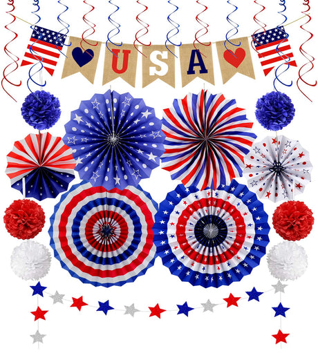 Labrostar 26Pcs Patriotic Decorations - Red, White & Blue USA Flag Party Pack for Fourth of July, Includes Paper Fans, Pom Poms, Hanging Swirls, Banner & Star Streamer Labrostar