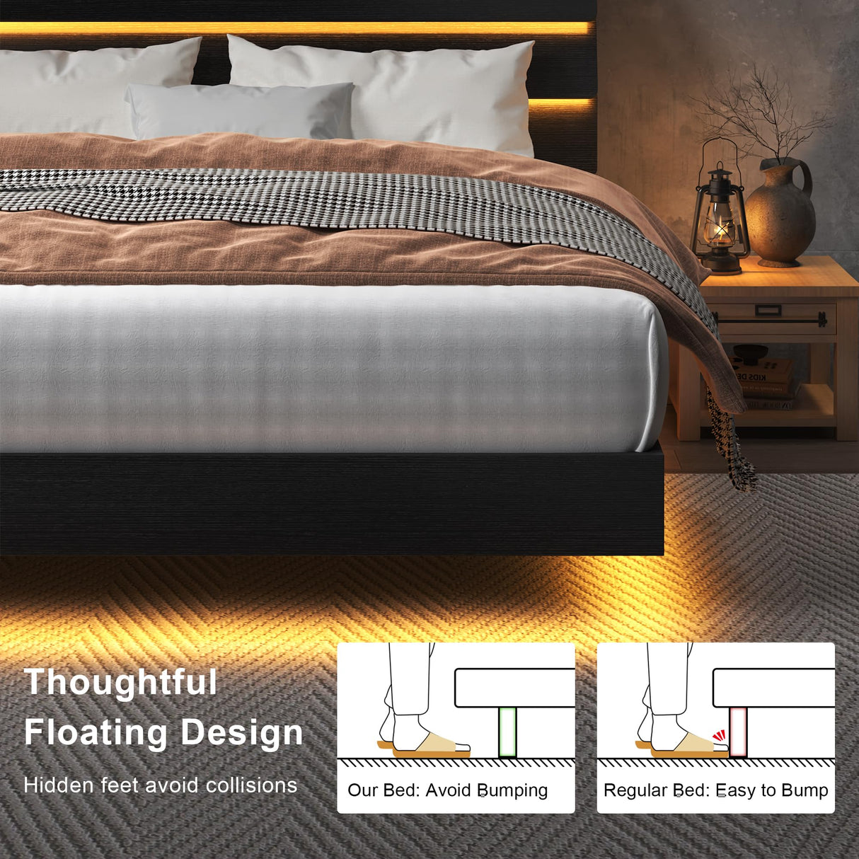 Feonase Floating Bed Frame King with Led Lights and Charging Station, Wood Full Size Bed Frame with Storage Headboard, Heavy Duty Metal Slats, No Box Spring Needed, Easy Assembly,Black Feonase