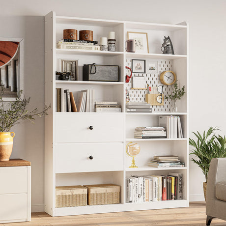 IRONCK Bookshelf and Bookcase with Pegboard and Deep Drawer, 79" H x 55" W 8 Cubby Display Book Shelves, Modern Wide Wood Etagere Shelving Unit for Living Room, White IRONCK
