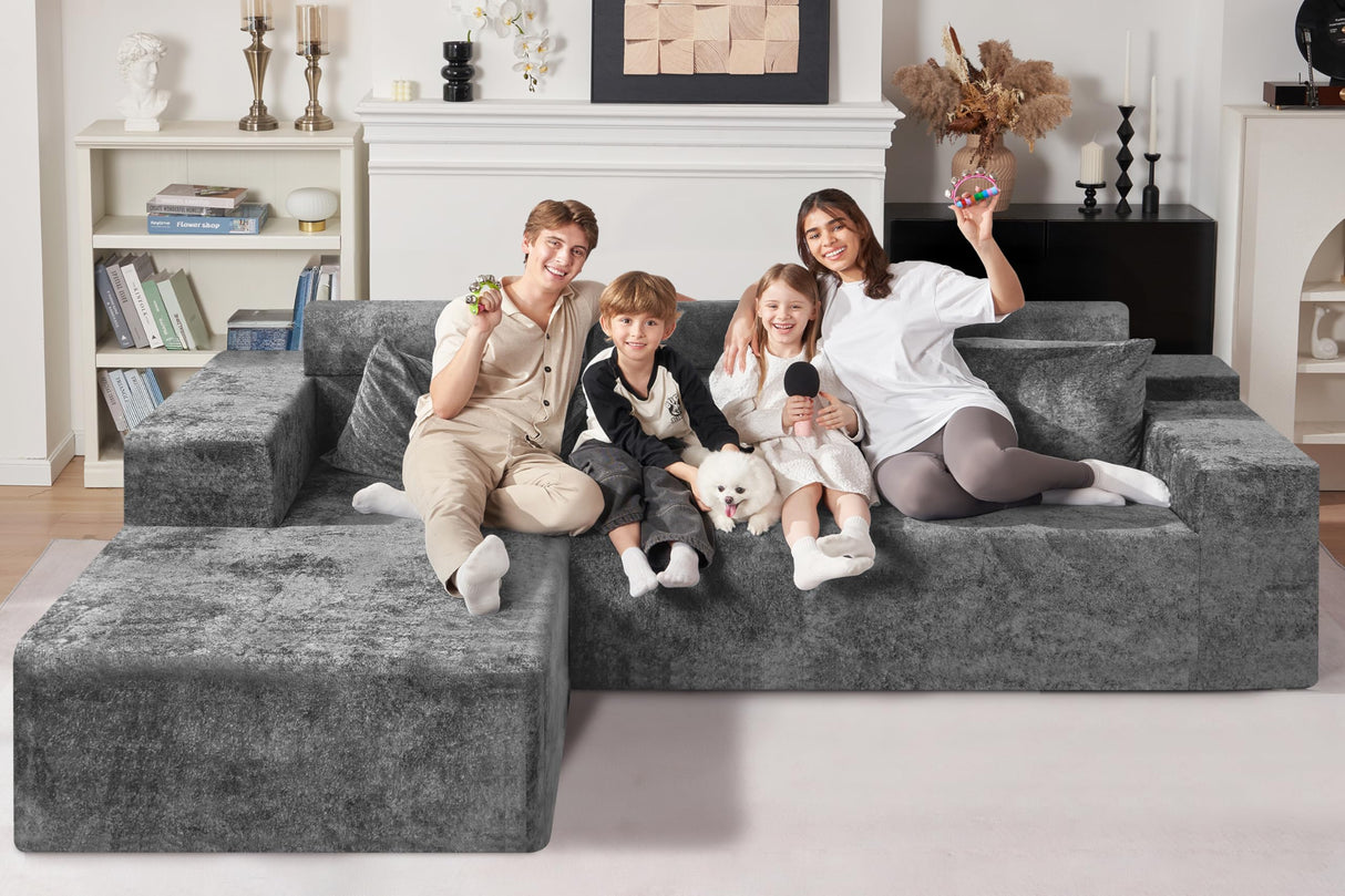 HABUTWAY 105" L-Shape Modular Sectional Sofa Couch for Living Room,No Assembly Required,Modular Comfy Sofa with Deep Seat for Living Room Bedroom,Luxury Distressed Velvet(Left,Grey) HABUTWAY