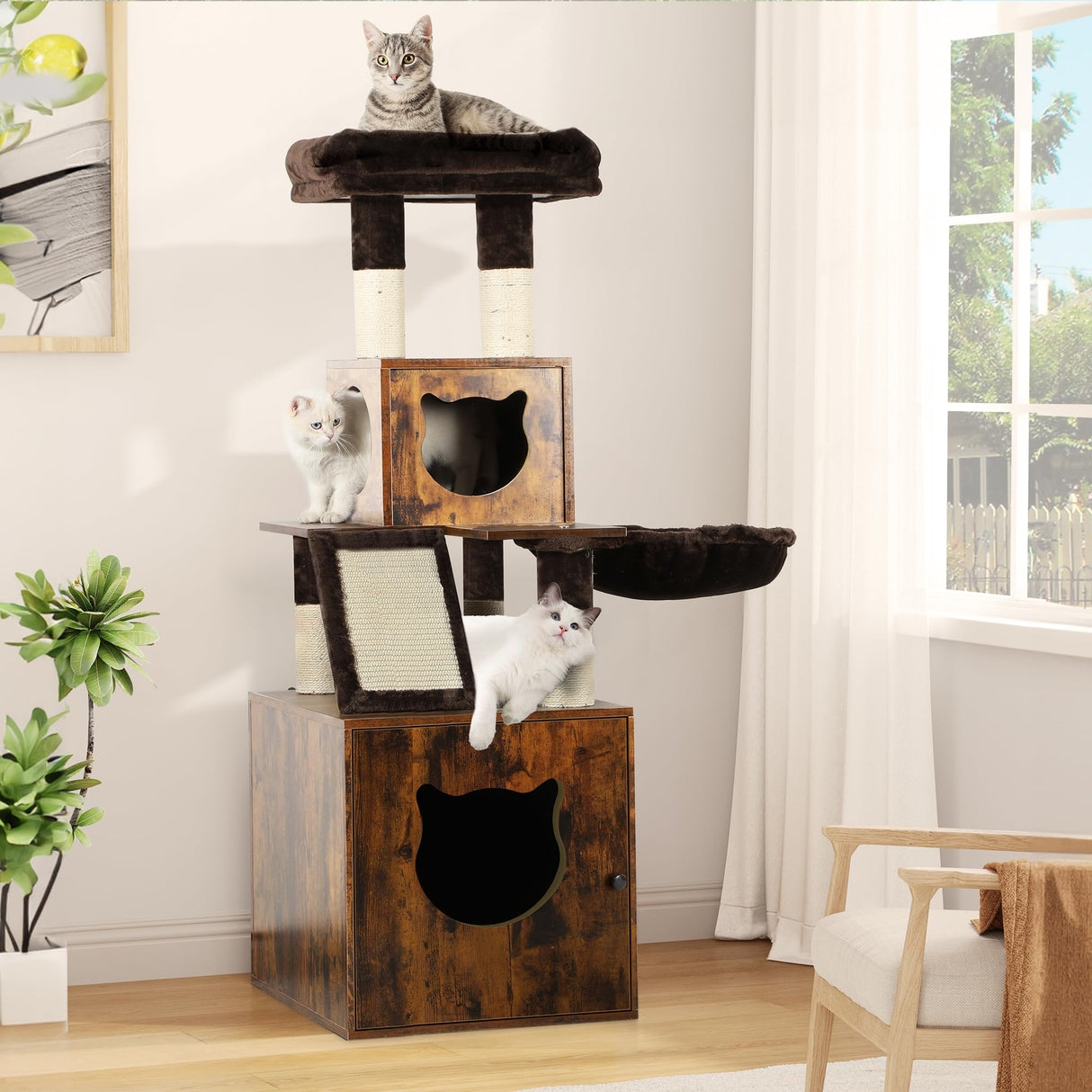 YITAHOME Modern Cat Tree with Litter Box Enclosure, Combo Endtable and Large Cat Tower with Basket, 4-in-1 Litter Box Furniture Hidden and Scratching Post for Large Cats YITAHOME