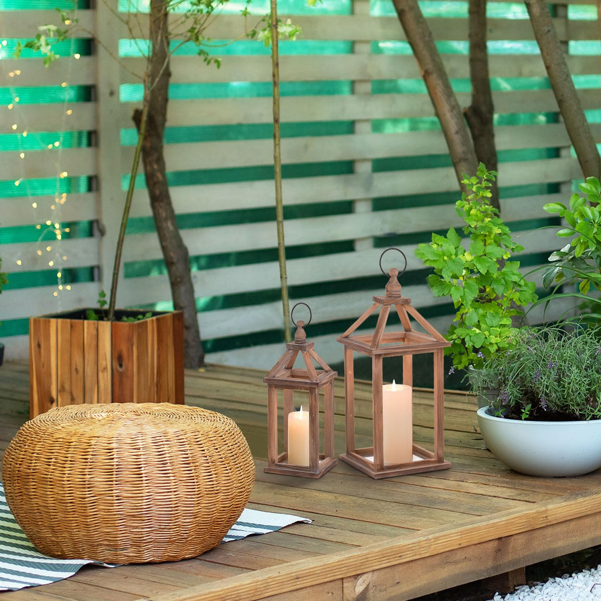 Staymoment Wooden Decorative Candle Lanterns Set of 2, Indoor Rustic Hanging Candle Holder for Centerpiece Mantle Shelf Porch, 12" & 16" Farmhouse Home Decor Wedding Table Decoration, Brown Staymoment