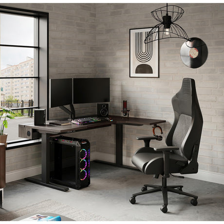 Realspace® Koru Electric 59" W L-Shaped Height-Adjustable Standing Desk with Integrated Power & Charging, Espresso Oak Realspace