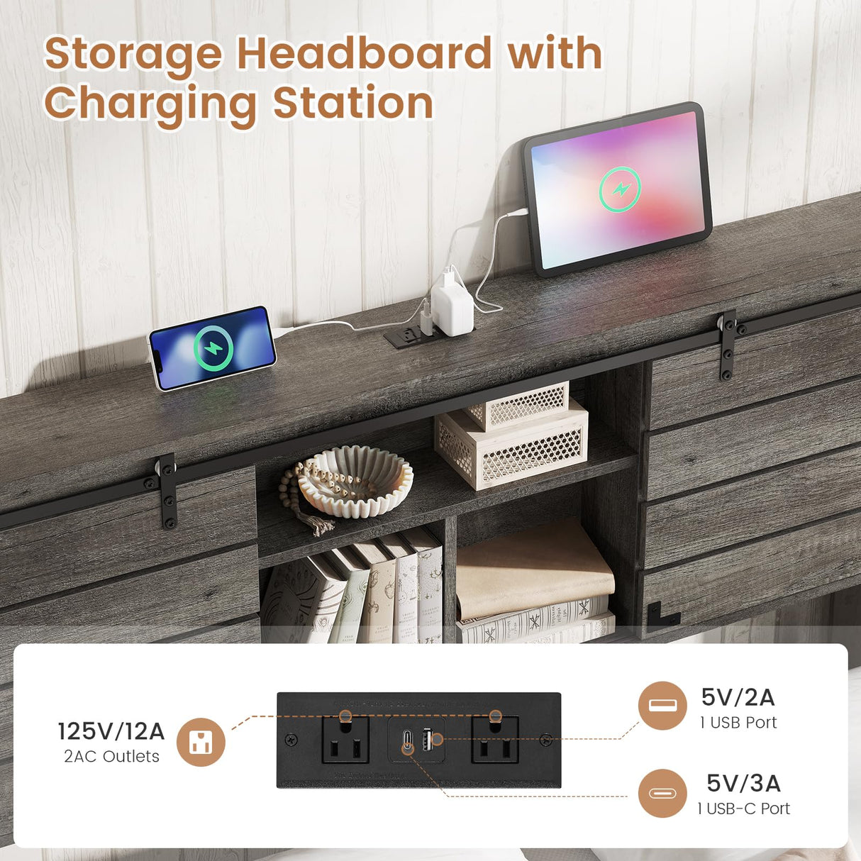 VIAGDO Wooden Bed Frame Queen Size with Bookcase Headboard and Sliding Barn Door, Farmhouse Queen Bed Frame with Charging Station, LED Lights and 4 Storage Drawers, No Box Spring Needed, Grey VIAGDO