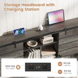 VIAGDO Wooden Bed Frame Queen Size with Bookcase Headboard and Sliding Barn Door, Farmhouse Queen Bed Frame with Charging Station, LED Lights and 4 Storage Drawers, No Box Spring Needed, Grey VIAGDO