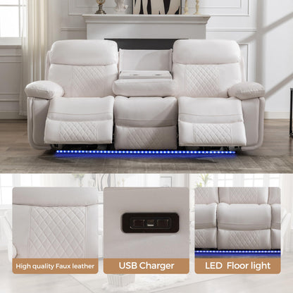 Power Reclining Sofa Couch with Wireless Charger, 3 Seaters with Recliner, Faux Leather Electric 3 Seat Sofa Sectional Set with LED light for living room,Home Theater Seating With Drop-Off Table,White