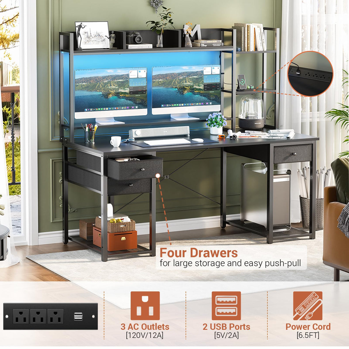 Aheaplus 55.2'' Gaming Desk with LED Lights, Power Outlets, Hutch & Drawers in Black Aheaplus