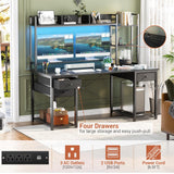 Aheaplus 55.2'' Gaming Desk with LED Lights, Power Outlets, Hutch & Drawers in Black Aheaplus