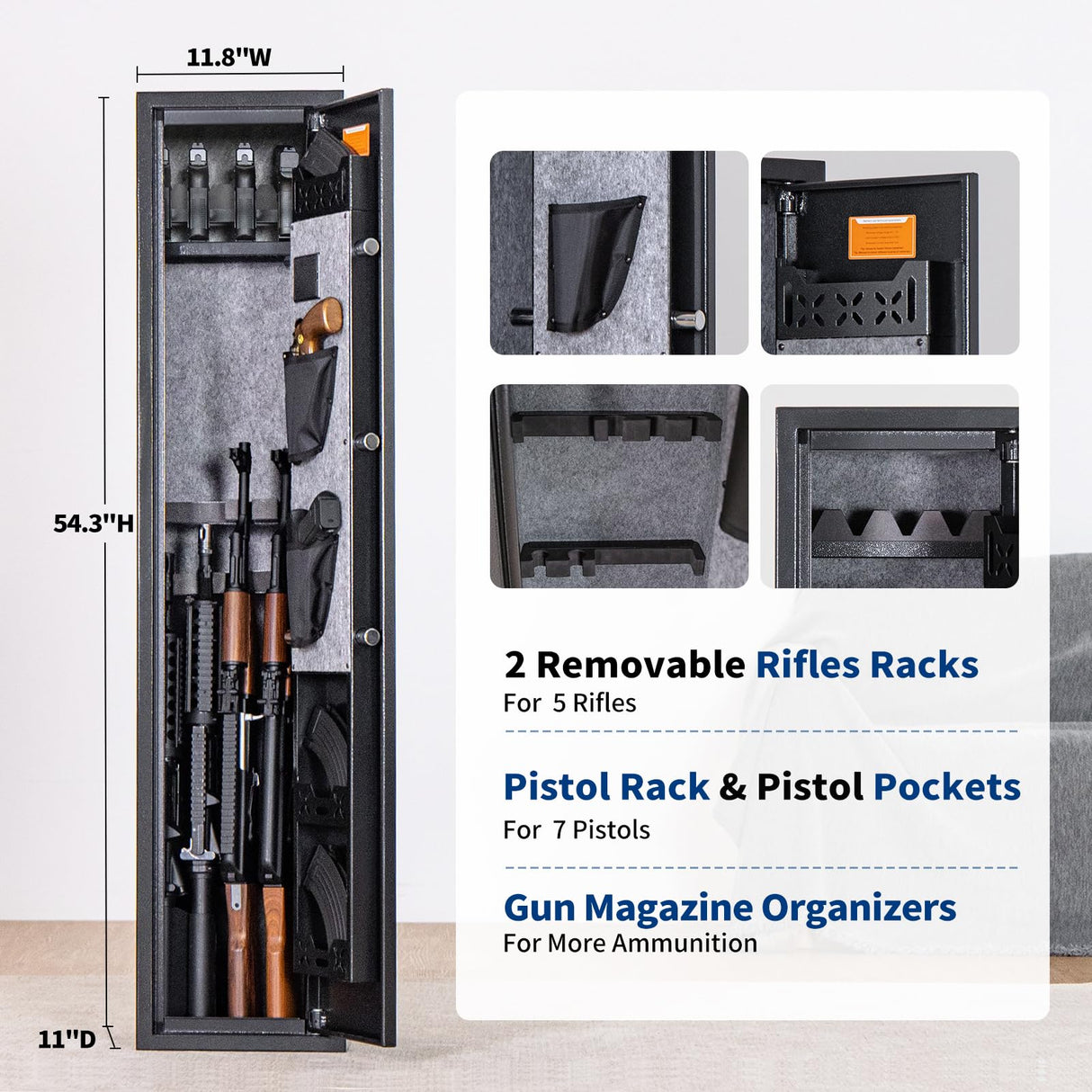 BlackSmith 5 Biometric Rifles Safe Long Gun Safe for Home Rifles and Pistols Quick Access Fingerprint Gun Cabinet Dual Alarm 2 Rifles Gun Rack Password Memory Function 16 Gauge Alloy Steel BlackSmith