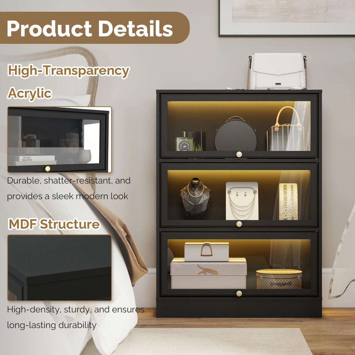 BONITURE Display Cabinet with Acrylic Glass Doors,3-Tiers Curio Cabinet with LED Lighting for Collectibles, Collectibles Toy Organizers Rack & Display Shelf Display Case Storage Cabinet, Black BONITURE