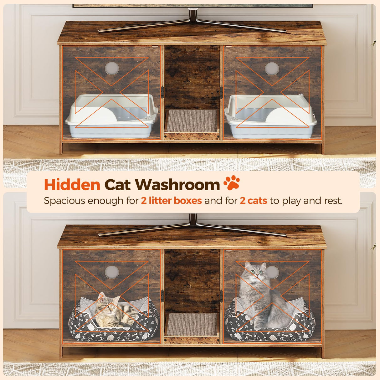 MAHANCRIS Cat Litter Box Enclosure for 2 Cats, 47.2" Hidden Cat Litter Box Furniture with Double Room, Wooden Cat Washroom with Scratching Board, Indoor Cat House End Table, Rustic Brown CWHR1201 MAHANCRIS