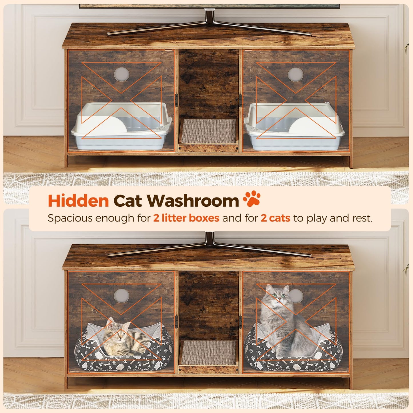 MAHANCRIS Cat Litter Box Enclosure for 2 Cats, 47.2" Hidden Cat Litter Box Furniture with Double Room, Wooden Cat Washroom with Scratching Board, Indoor Cat House End Table, Rustic Brown CWHR - WoodArtSupply