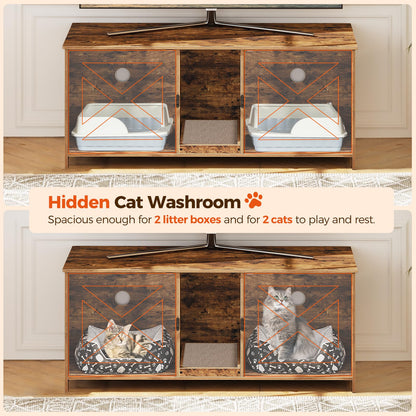 MAHANCRIS Cat Litter Box Enclosure for 2 Cats, 47.2" Hidden Cat Litter Box Furniture with Double Room, Wooden Cat Washroom with Scratching Board, Indoor Cat House End Table, Rustic Brown CWHR - WoodArtSupply