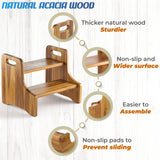 2BHOME Wooden Step Stool, Heavy Duty Two-Step Stool for Adults with Built-in Handle, Wooden Stepping Stool with 500Lbs Capacity for Kitchen & Bathroom, Non-Slip Wood Bedside Bed Steps for High Beds 2BHOME