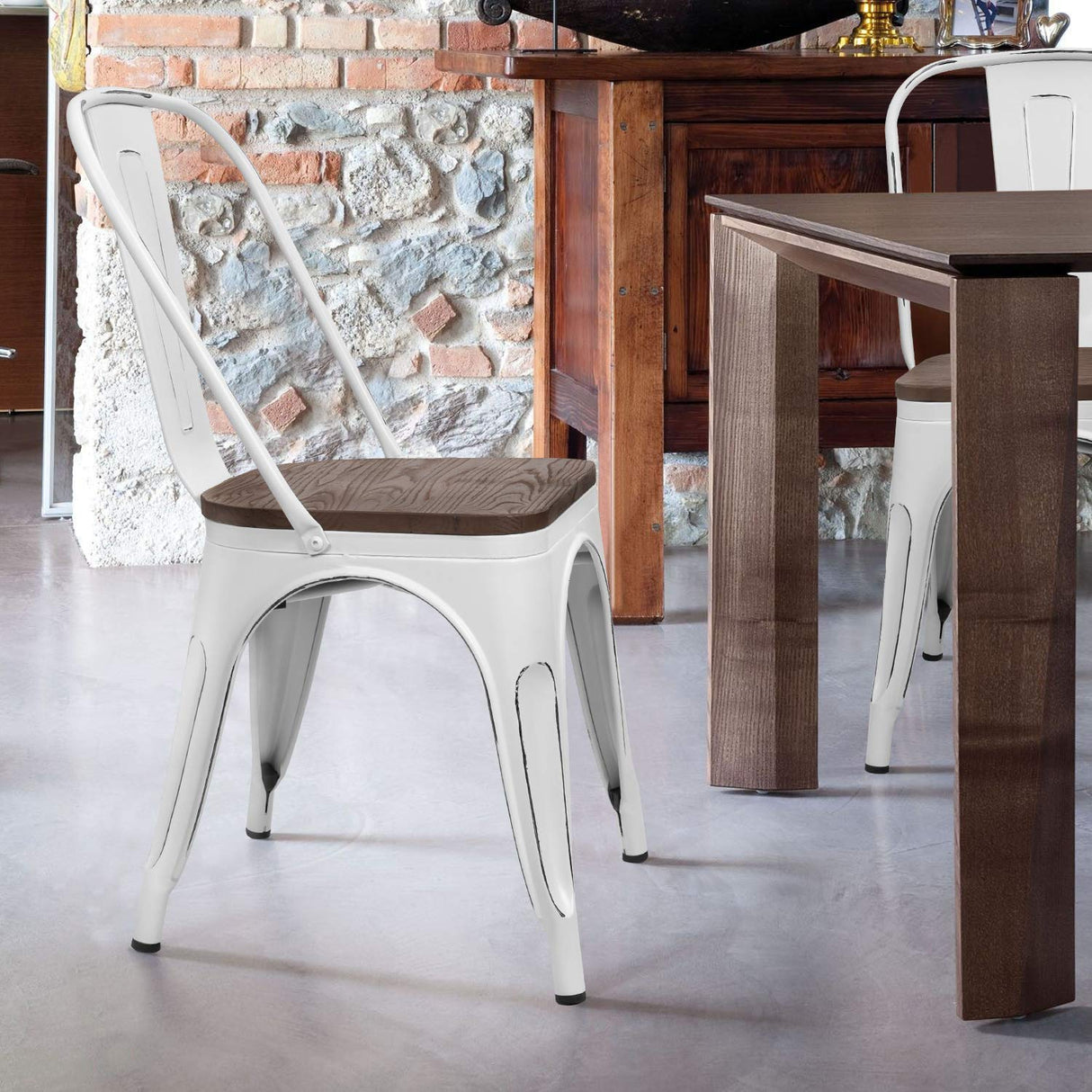 Furmax Metal Dining Chairs with Wood Seat, Indoor-Outdoor Use Stackable Chic Dining Bistro Cafe Side Metal Chairs Set of 4(White) Furmax