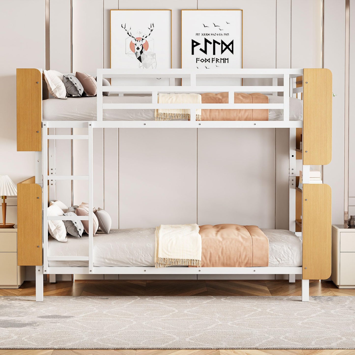 Harper & Bright Designs Twin Over Twin Bunk Bed with Storage, Metal Bunk Bed Frame with Bookshelves and Full-Length Guardrail, for Kids Teens Adults - White