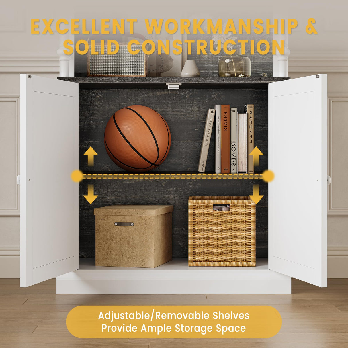 GarveeHome Tall Storage Bookcase with 3-Tier Open Shelves and Double Door, Roman Column Design and 4 Adjustable Lights, White & Black Wood Grain Display Storage Cabinet for Home Office, Living Room GarveeHome