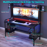 TIYASE Gaming Desk with Monitor Stand, Computer Desk with Hutch and Storage Shelves, Large PC Gamer Desk, Workstation Table with Cup Holder, Headphone Hook, Speak Stands, Black, 55 Inch TIYASE