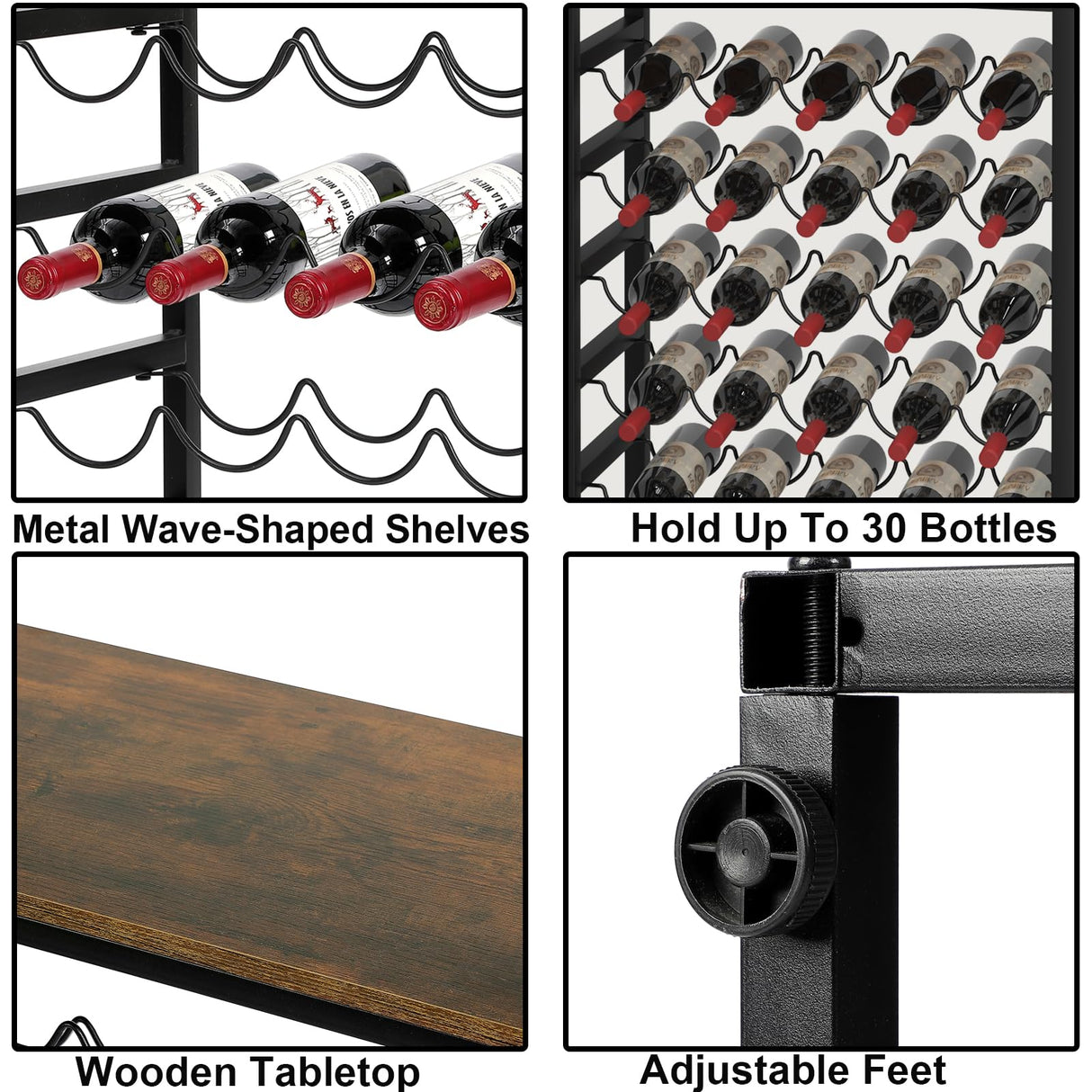 Dripex 30 Bottles Wine Rack Free Standing Floor, 6-Tier Display Wine Storage Shelves with Wooden Table Top, Sturdy Metal Bottle Holder for Kitchen Bar Pantry 23.2''L x 11.8''W x 34.7''H Dripex