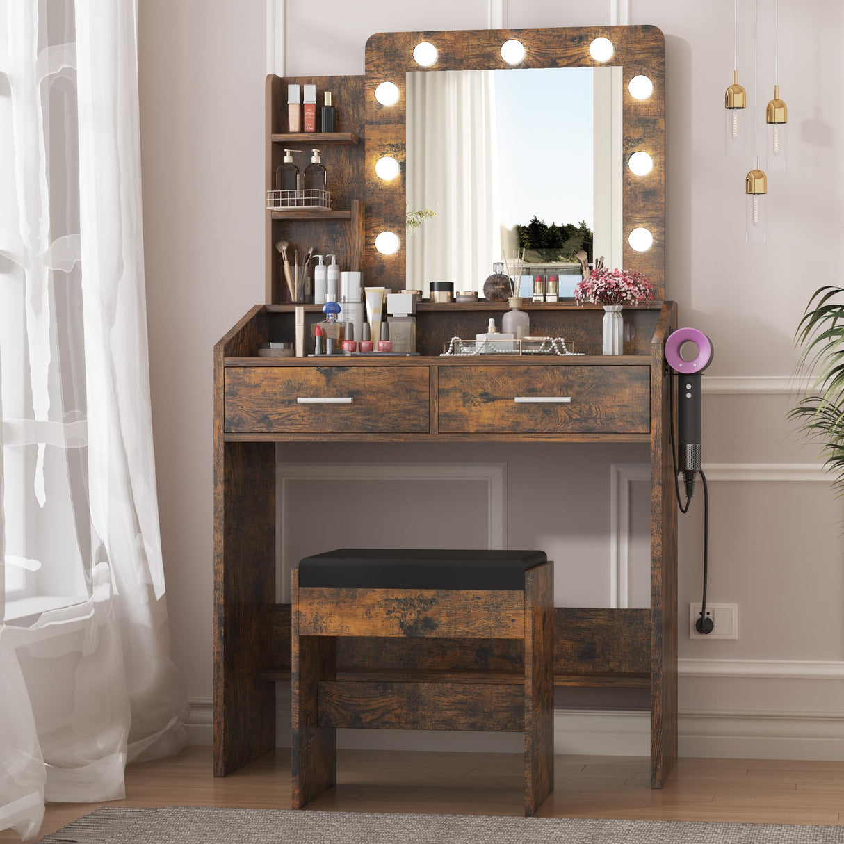 Garveehome Vanity Desk with Mirror and Lights, Makeup Vanity with Power Outlet & Cushioned Stool, 3 Lighting Modes Adjustable Brightness, Dressing Table with Hairdryer Holder for Bedroom, Rustic Brown GarveeHome
