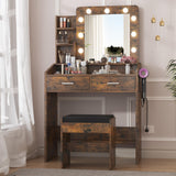 Garveehome Vanity Desk with Mirror and Lights, Makeup Vanity with Power Outlet & Cushioned Stool, 3 Lighting Modes Adjustable Brightness, Dressing Table with Hairdryer Holder for Bedroom, Rustic Brown GarveeHome