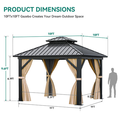 YITAHOME 10x10ft Gazebo Double Roof Canopy with Netting and Curtains, Outdoor Gazebo 2-Tier Hardtop Galvanized Iron Aluminum Frame Garden Tent for Patio, Backyard, Deck and Lawns