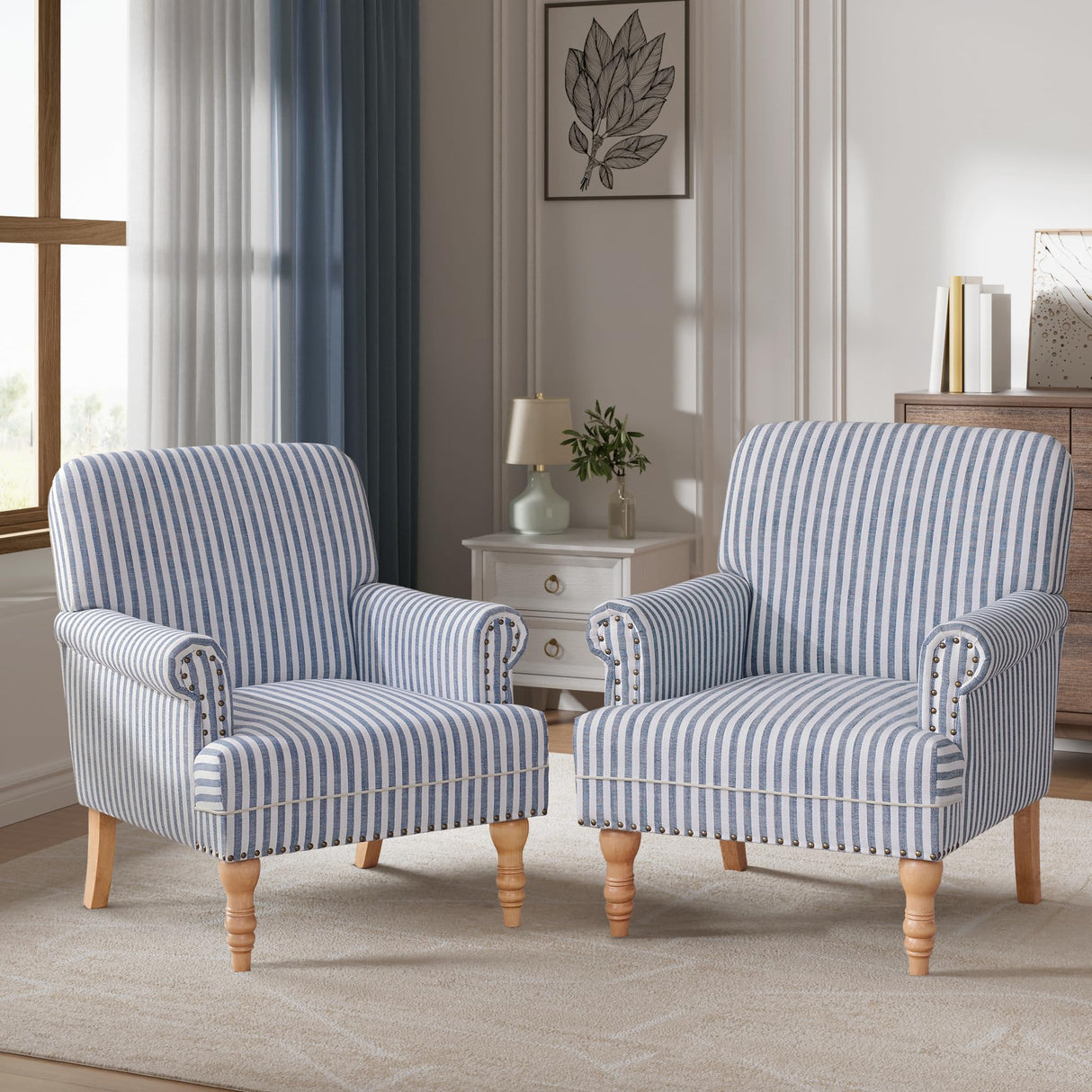 HUIMO Linen Fabric Accent Chairs Set of 2, Mid-Century Modern Armchair with Solid Wood Legs, Single Sofa Chair,Upholstered Reading Club Chair (2, Dark Blue and White Stripe) HUIMO