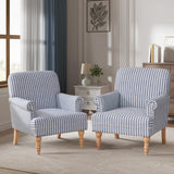 HUIMO Linen Fabric Accent Chairs Set of 2, Mid-Century Modern Armchair with Solid Wood Legs, Single Sofa Chair,Upholstered Reading Club Chair (2, Dark Blue and White Stripe) HUIMO