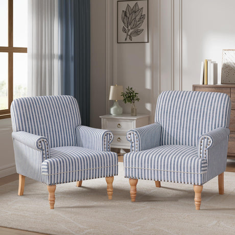 HUIMO Linen Fabric Accent Chairs Set of 2, Mid-Century Modern Armchair with Solid Wood Legs, Single Sofa Chair,Upholstered Reading Club Chair (2, Dark Blue and White Stripe) HUIMO