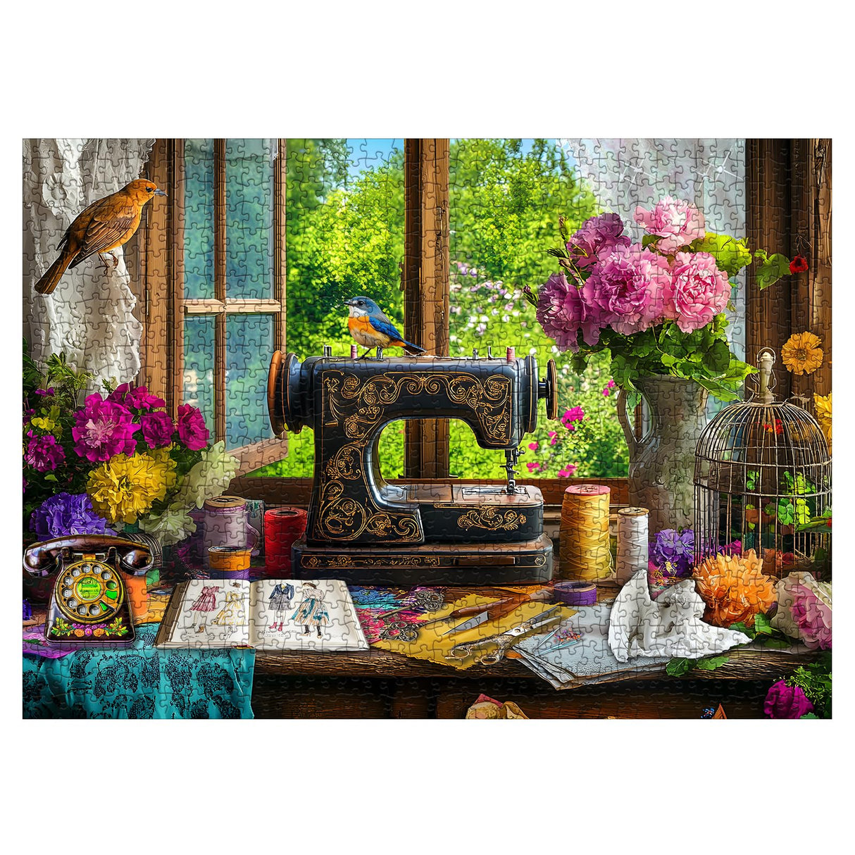 Larkipuzz Spring Stitch Vintage Sewing Machine Puzzles for Adults 1000 Pieces, Bird Vase Jigsaw Puzzles, Hard Difficult Funny Challenging Book Flower Puzzle Larkipuzz