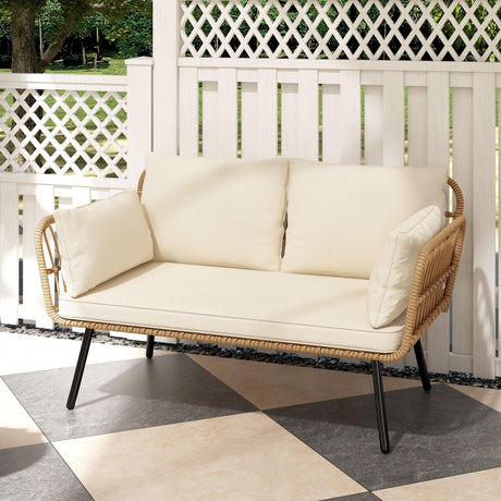 DWVO Wicker Patio Loveseat, All-Weather Rattan 2-Seat Sofa with Cushions & Lumbar Pillows, Outdoor Patio Furniture Set for Patio, Balcony, Backyard, Deck, Poolside (Beige) DWVO