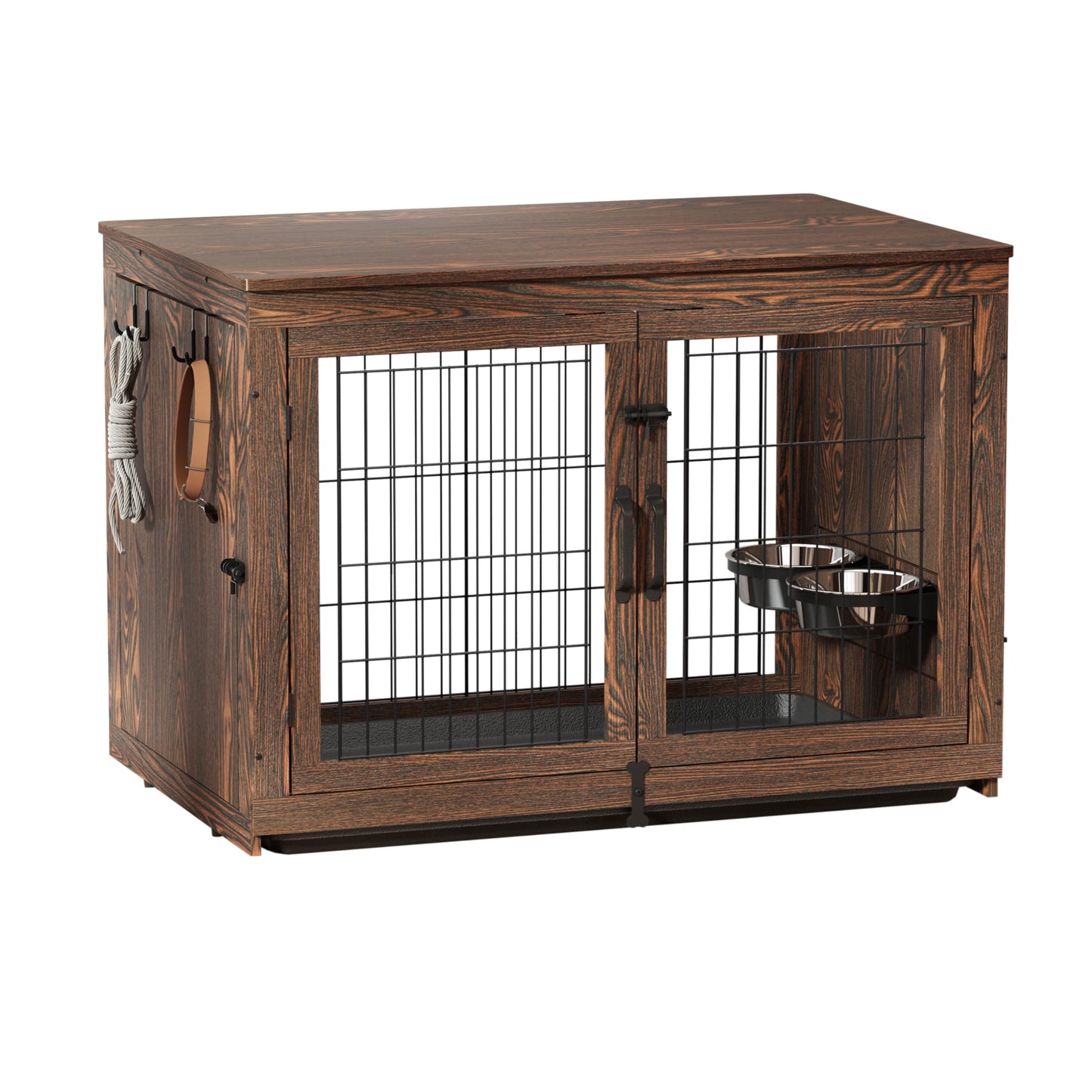 Piskyet Wooden Dog Crate Furniture with 360°Rotatable Removable Dog Bowls, Dog Crate End Table with Tray, Double Doors Dog Kennels for Dogs(XL:43.2" L*28.6" W*30.3" H, Rustic Style) - WoodArtSupply