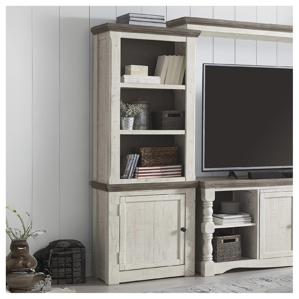 Signature Design by Ashley Havalance Farmhouse Left Pier Cabinet, Modern Bookcase, Vintage White Signature Design by Ashley