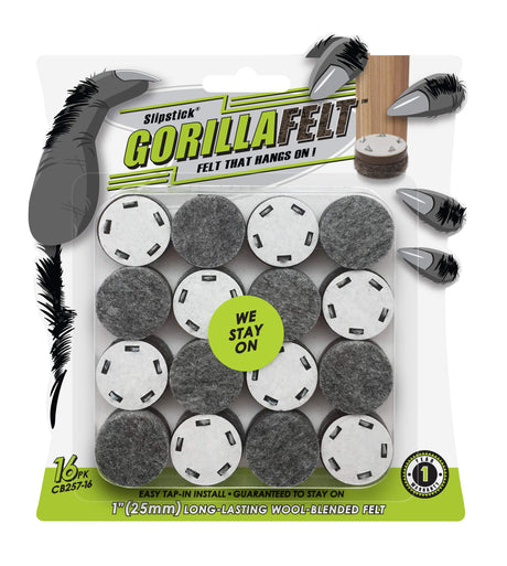 GorillaFelt Chair Leg Floor Protectors/Felt Chair Glides (Set of 16) Tap-On Felt Furniture Pads Guaranteed to Stay On, 1 Inch Round Chair Sliders Slipstick