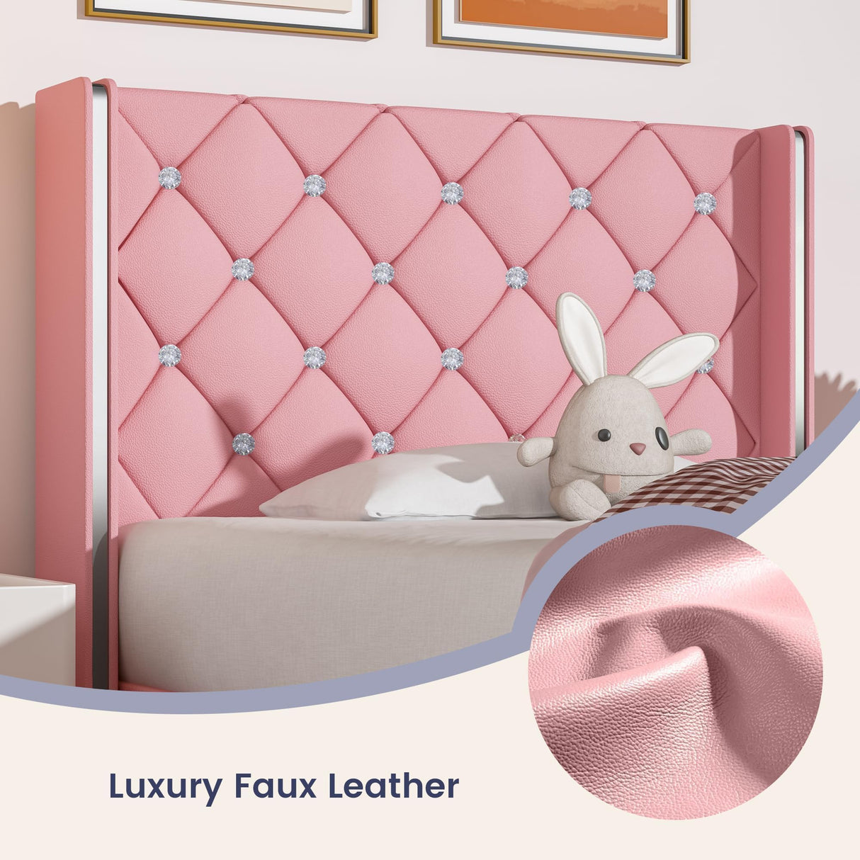 HOMBCK Twin Bed Frame, Upholstered Bed Frame with Diamond Tufted Headboard, Twin Bed Frames for Girls, Cute Princess Bed, Faux Leather, Wooden Slats Support, No Box Spring Needed, Pink HOMBCK