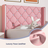 HOMBCK Twin Bed Frame, Upholstered Bed Frame with Diamond Tufted Headboard, Twin Bed Frames for Girls, Cute Princess Bed, Faux Leather, Wooden Slats Support, No Box Spring Needed, Pink HOMBCK