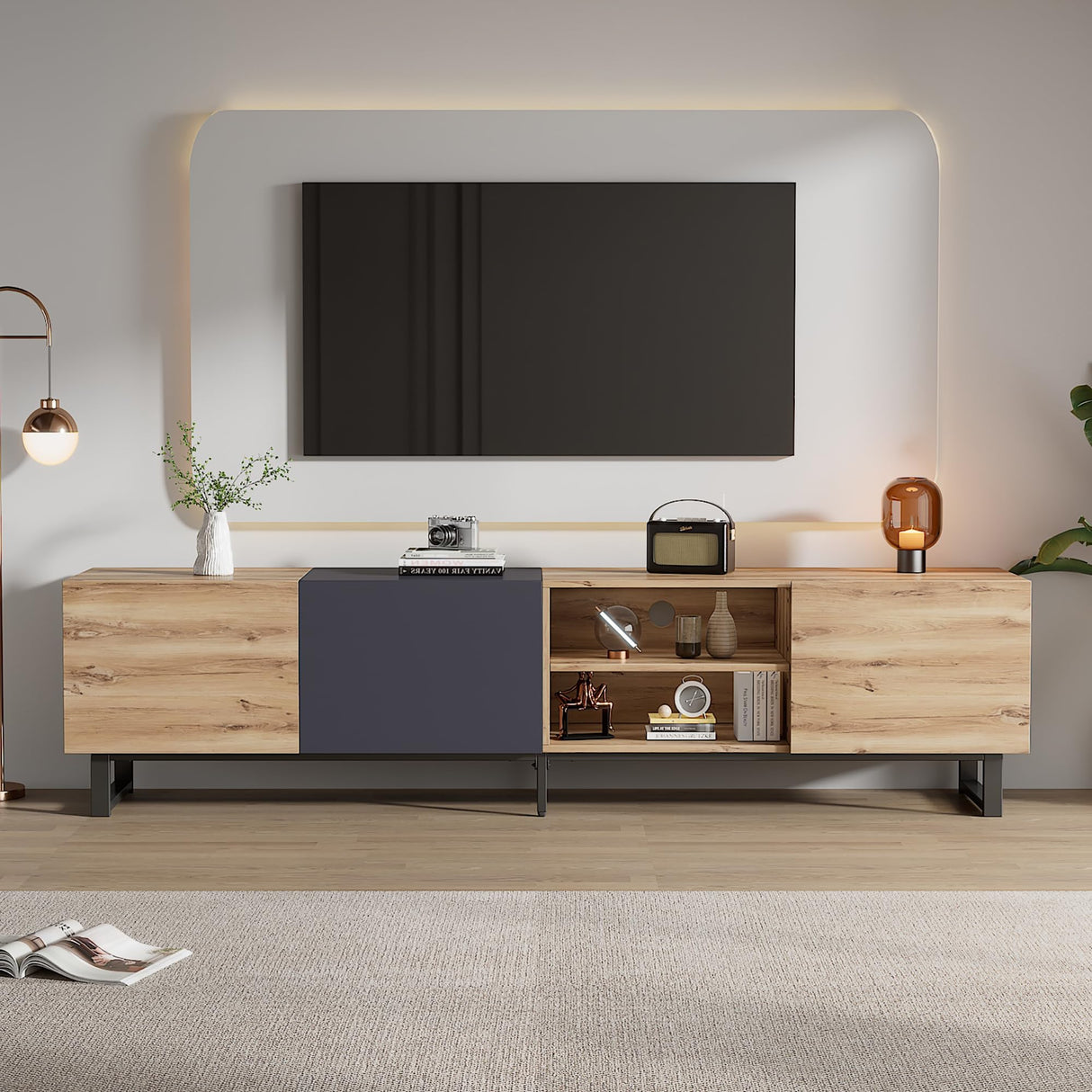 Virubi Modern TV Stand with 3 Cabinets & Open Shelves, Minimalist Wooden Entertainment Center for TVs Up to 80”, Sturdy TV Console for Living Room Bedroom Decor Virubi