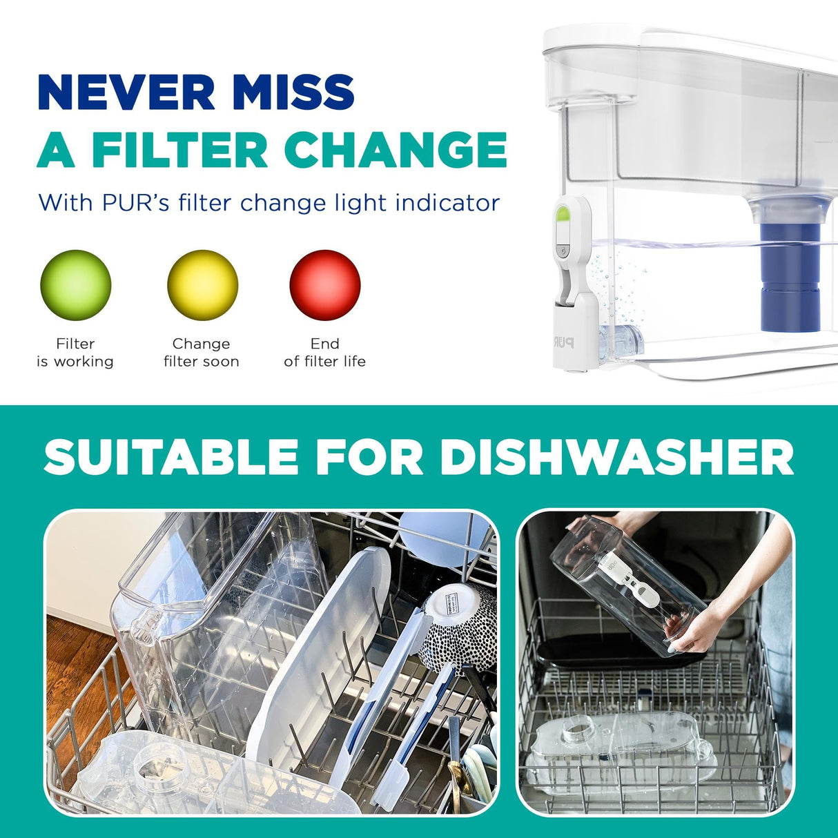 PUR PLUS 30-Cup Water Filter Dispenser with 1 Lead-Reducing PUR PLUS Filter, Dishwasher Safe, Powerful Filtration, Large Capacity with Slim, Space-Saving Design, White (DS1811Z) PUR