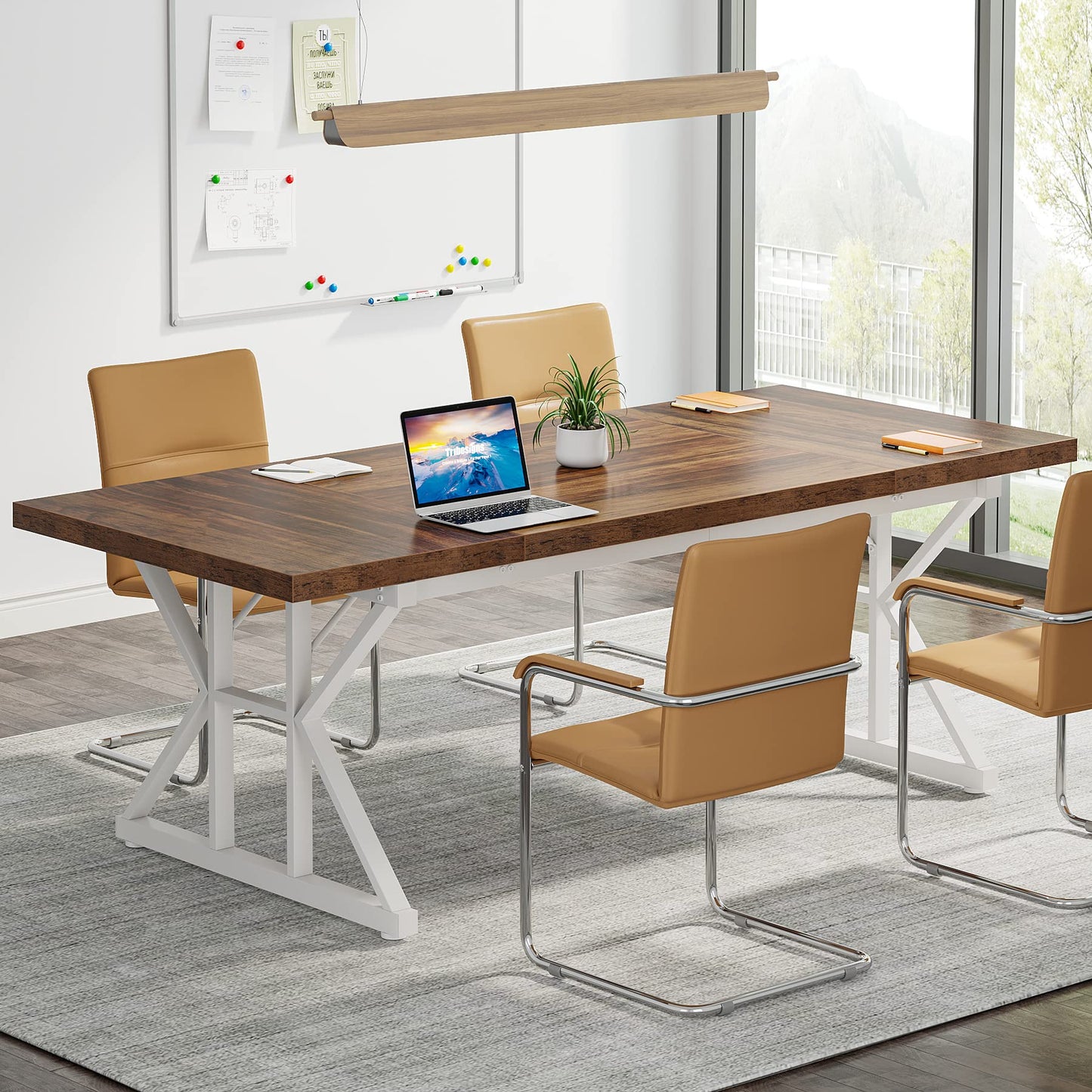 Tribesigns 6FT Conference Table, 70.86 L x 31.49 W x 29.52 H Inches Rectangle Meeting Room Table, Rustic Wood Seminar Table Executive Desk for Office, Conference Room(Brown/White) - WoodArtSupply