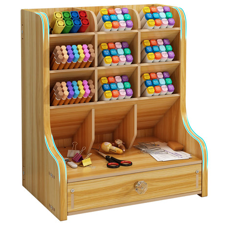 Marbrasse Pen Organizer for Desk,Updated Thicker Wooden DIY Pen Holder with Drawer,Desk Stationary Organizer Storage for Home Office Supplies (Cherry Color) Marbrasse