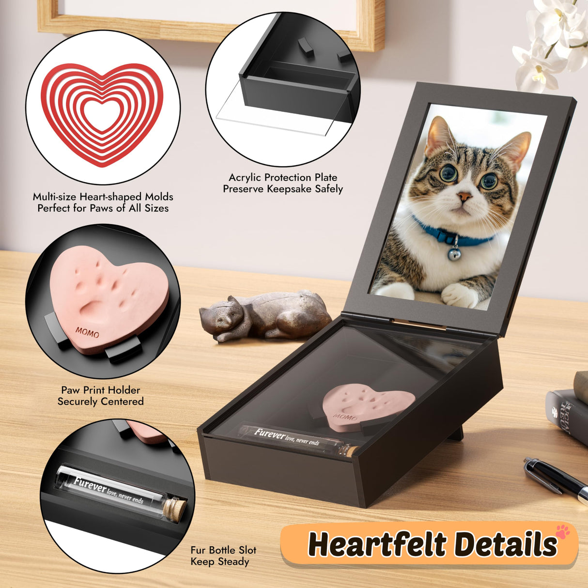 Grarry Pet Memorial Shadow Box with Paw Print Impression Kit Keepsake, 4”X6” Dog Cat Picture Frame, DIY Pawprint Clay Ornament Gift, Acrylic Loss of Dogs Sympathy Gifts with Hair Bottle for Pets Lover Grarry