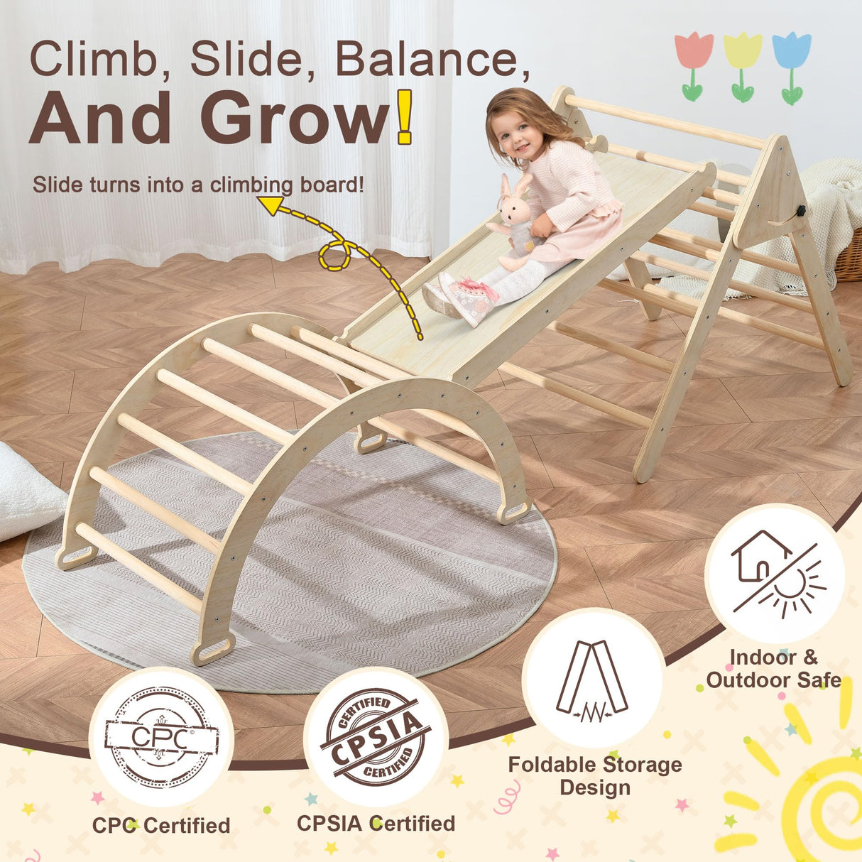 Pikler Triangle Set, Foldable Climbing Play Gym with Arch, Ramp, and Climbing Triangle, Wodden Toddler Climbing Toys Indoor, Montessori Learning Toy for Kids 2-12 Years OLLIKIVI