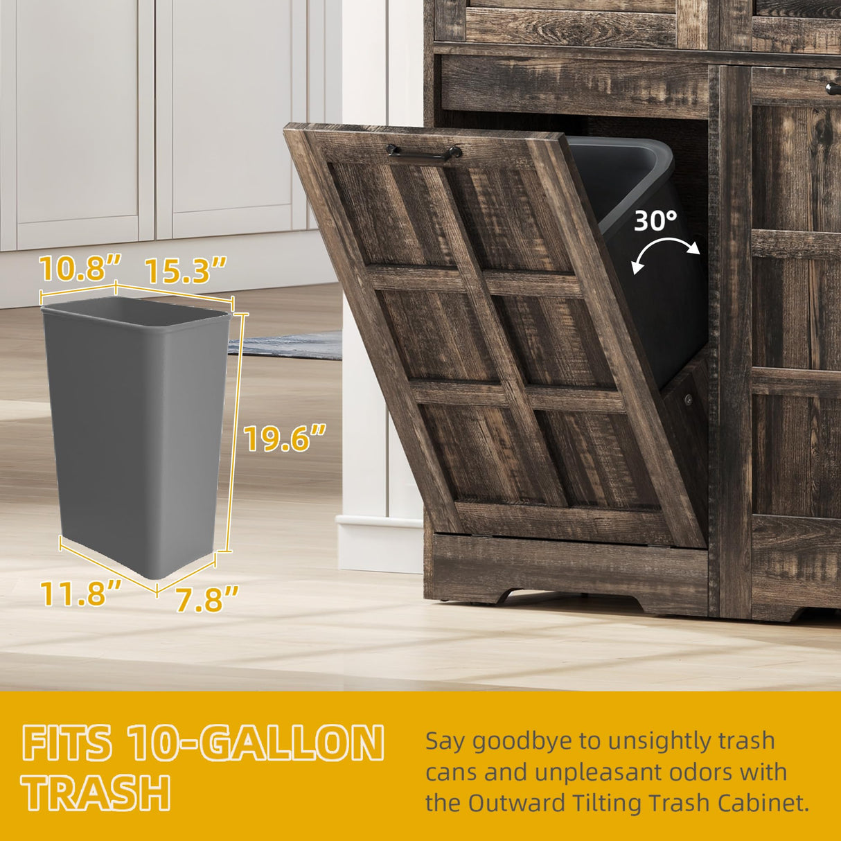 DWVO Kitchen Pantry Storage Cabinet with Tilt-Out Trash Can Fit 10 Gallon, Tall Farmhouse Kitchen Hutch Cabinets with Charging Station & Microwave Stand for Home Living Dining Room, Dark Rustic Oak DWVO